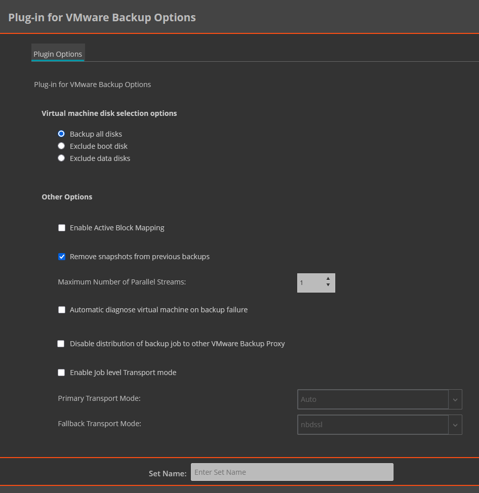 CDP backup VMware Plugin Options set